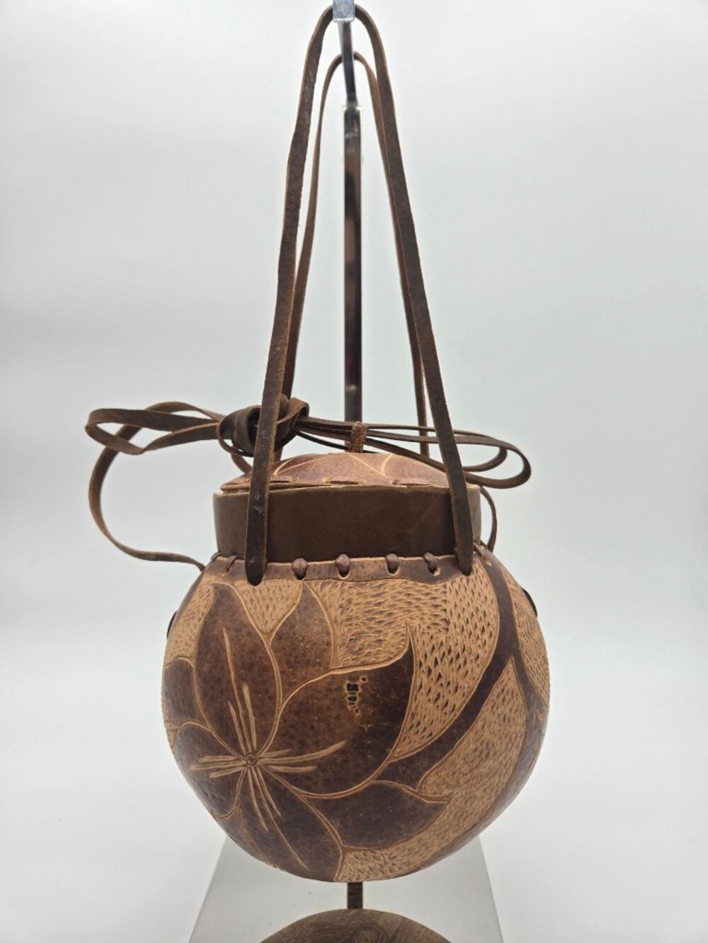 Vintage Handmade Coconut Shell Etched Bird Floral Crossbody Bag Signed